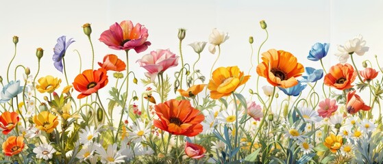 Colorful wildflower field with poppies, daisies, and other blossoms under a clear sky, vibrant botanical nature scene depicting springtime beauty.