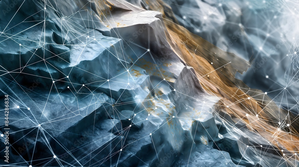 Poster 3. picture a geometric representation of rock formations intersected by translucent data lines, port