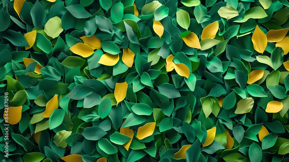 Poster 3d rendering of a green and yellow leaf background. the leaves are arranged in a staggered pattern a