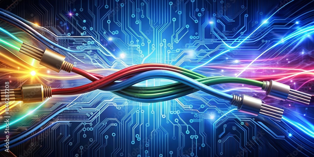 Poster A colorful image of wires and circuits with a blue background