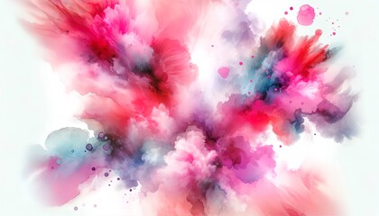 Fototapeta premium Abstract watercolor splashes, vibrant pink hues, wide-angle view, blending colors, artistic and dreamy feel