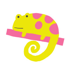 Cute jungle, rain forest composition, postcard with funny hand drawn doodle chameleon lizard on tree branch. Wild nature, mossy forest, wood t shirt print, cover, template, banner, poster print