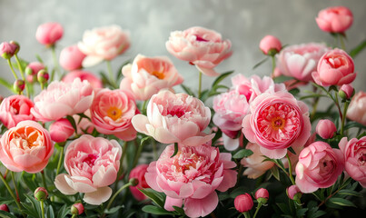 Fototapeta premium Fresh Bunch of Pink Peonies and Roses Blossoming in Soft Light with Copy Space for Floral Design and Spring Themes