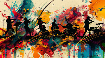 A colorful painting of a group of musicians playing instruments