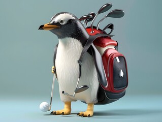 Obraz premium Illustration of Penguin dressed in a golf outfit, swinging a golf club with a determined look. Ai Generate.