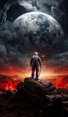 Obraz premium Astronaut standing on volcanic landscape, staring at Earth in space, with fiery sky. Futuristic adventure and exploration concept.