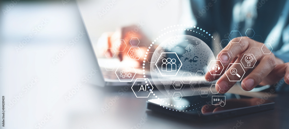 Poster marketing automation concept. global business. automation software technology process system for bus