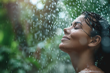 Obraz premium a woman is standing in the rain and smiling