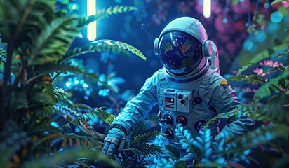 Astronaut in a lush, neon-lit alien jungle exploring an extraterrestrial environment with vibrant, futuristic lighting.