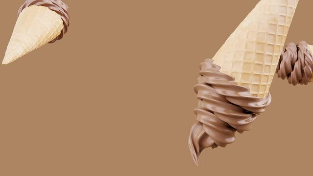 Creative summer footage. ice cream cone fly on brown background. 3d loop animation