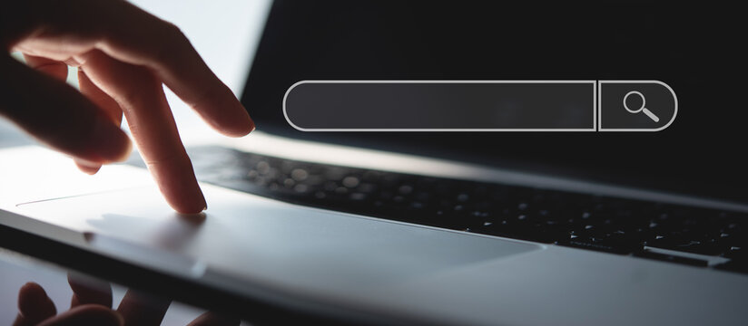 SEO, Search Engine Optimization. Woman typing on laptop computer keyboard searching the information, internet browsing. Web page banner, data search technology