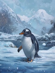 Fototapeta premium Illustration of Penguin dressed in a golf outfit, swinging a golf club with a determined look. Ai Generate.