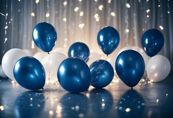 Naklejka premium Blue balloons background glitter baby boy bokeh copy space abstract backdrop, banner poster header design