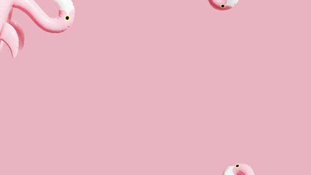 Creative summer footage. Flamingo float fly on pink background. 3d loop animation