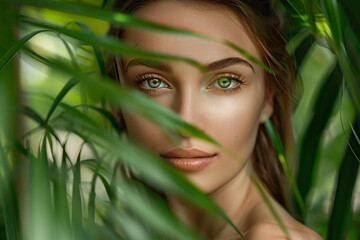 Naklejka premium a woman with green eyes is looking at the camera