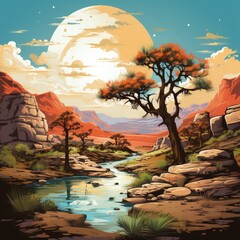 a painting of a tree with a sunset in the background