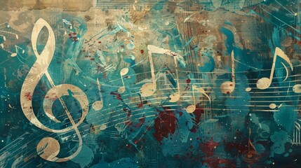 Glowing grunge music sheets notes on beautiful lights bokeh background.