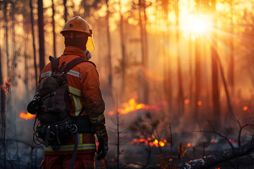 Naklejka premium Firefighter in orange protective suit standing in a burning forest