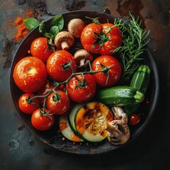 juicy tomatoes, zucchini, mushrooms with spices on grill grate, top view, light smoke