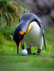 Illustration of Penguin dressed in a golf outfit, swinging a golf club with a determined look. Ai Generate.