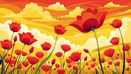 Fototapeta premium A field of red hibiscus flowers (Juneteenth flower) swaying gently in the breeze against a bright yellow sky.