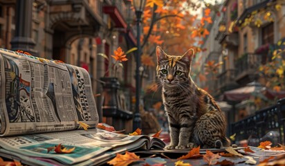 A tabby cat sits on a bench next to newspapers in a picturesque autumn street scene with falling leaves and historic buildings. - Powered by Adobe