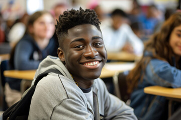 a young man sitting in a classroom with a backpack