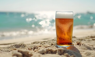 A glass of beer sits on a sandy beach , Generative AI