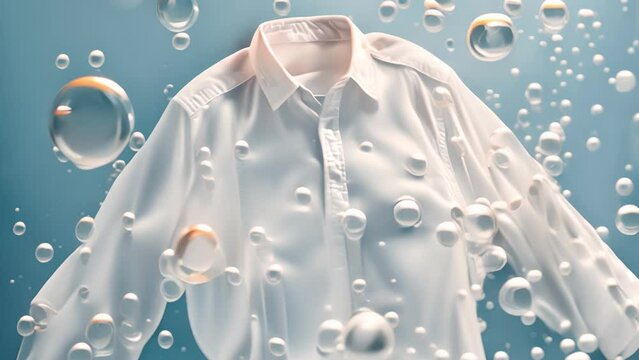 Unrealistic picture of bubbles washing a white blouse against a blue backdrop