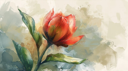 A red flower with green leaves is the main focus of the painting
