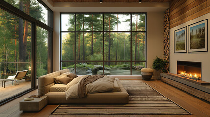 Naklejka premium The luxurious bedroom by the in a forest full of trees has a white fireplace,