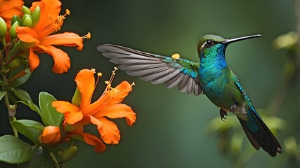 Naklejka premium Aglaiocercus kingi, the Long-tailed Sylph hummingbird, in flight, holding an orange flower. A Colombian hummingbird in full bloom, surrounded by tropical forest fauna. View Less