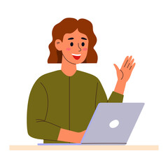 woman working online, concept of remote work, online learning. working at workplace, typing, surfing internet, using technology. Flat vector illustration isolated on white background