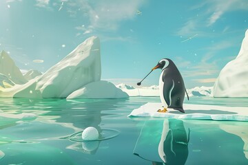 Illustration of Penguin dressed in a golf outfit, swinging a golf club with a determined look. Ai Generate.