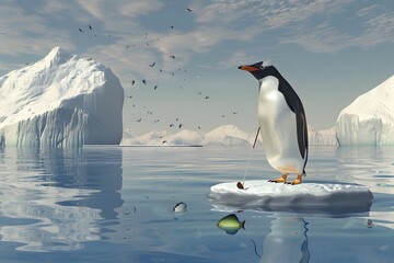 Obraz premium Illustration of Penguin dressed in a golf outfit, swinging a golf club with a determined look. Ai Generate.