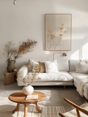 Stylish boho bohemian living room mock up mockup with neutral tones and comfortable tranquil interior design framed wall art and house plants comfortable welcoming decor © Mary Salen