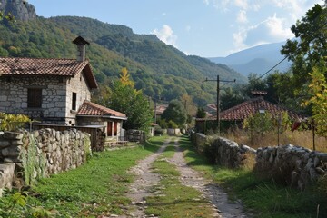 Peaceful rural road leading through a village with traditional stone houses and mountain backdrop
