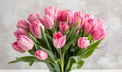 Obraz premium fresh spring pink tulips bouquet on white table, Generative AI