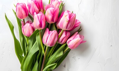 fresh spring pink tulips bouquet on white table, Generative AI