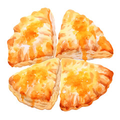A watercolor illustration of four pieces of golden brown, flaky scones arranged in a circular pattern on a white background.