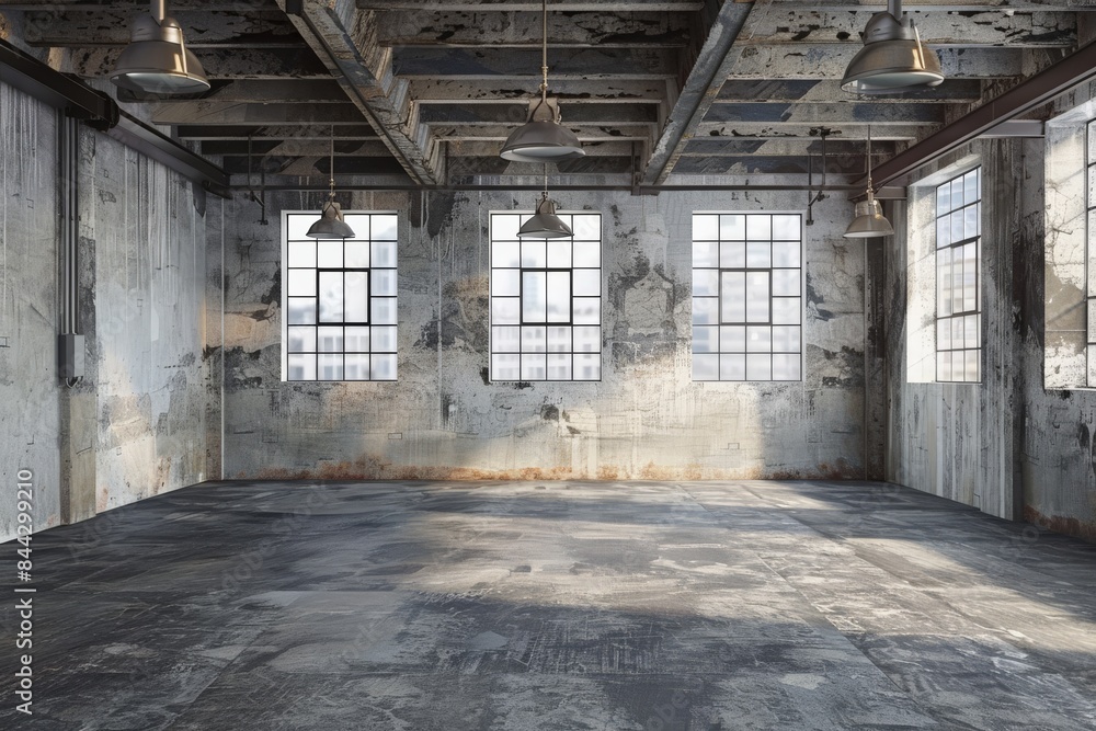 Poster A vacant event space with industrial features like exposed ceiling fixtures and concrete floors and walls