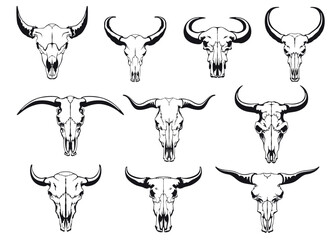 Buffalo skull hand drawn black silhouette cow head bone with horns set vector flat illustration