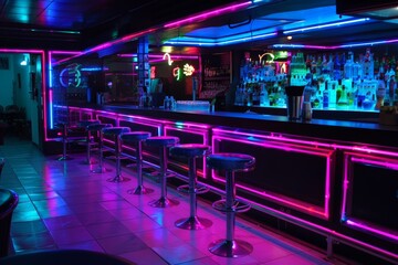 A bar counter lined with neon lights and stools for seating in a night club