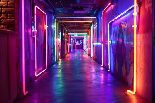 Long corridor bathed in neon lighting with colorful artwork on the walls, creating an immersive atmospheric experience