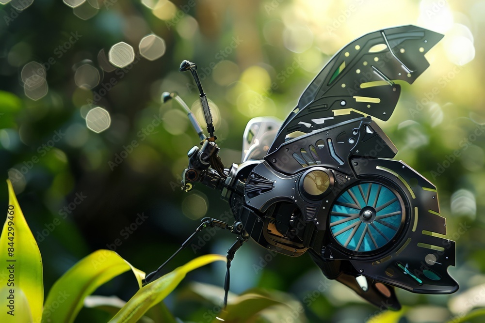 Poster a stunning image of a mechanical butterfly with intricate details on a green leafy background