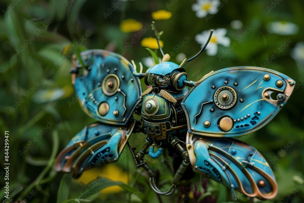 Poster a striking image of a robotic butterfly amidst flowers, integrating technology and nature
