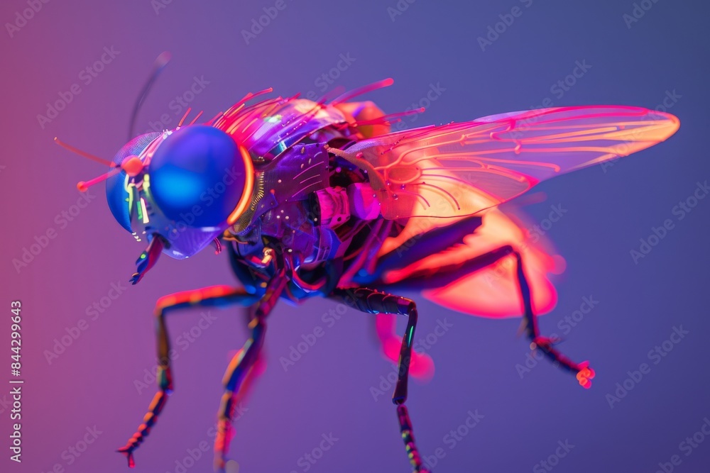 Poster This visually striking digital art piece features a mechanical insect with neon highlights against a gradient background