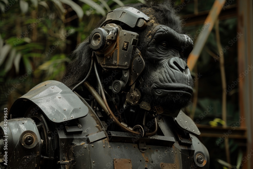 Aufkleber A realistic and textured close-up of a robotic gorilla in a steampunk style with intricate mechanical details