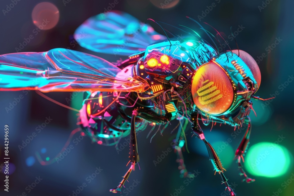 Aufkleber vibrant and colorful, this digital rendering showcases a cybernetic fly with transparent wings and f
