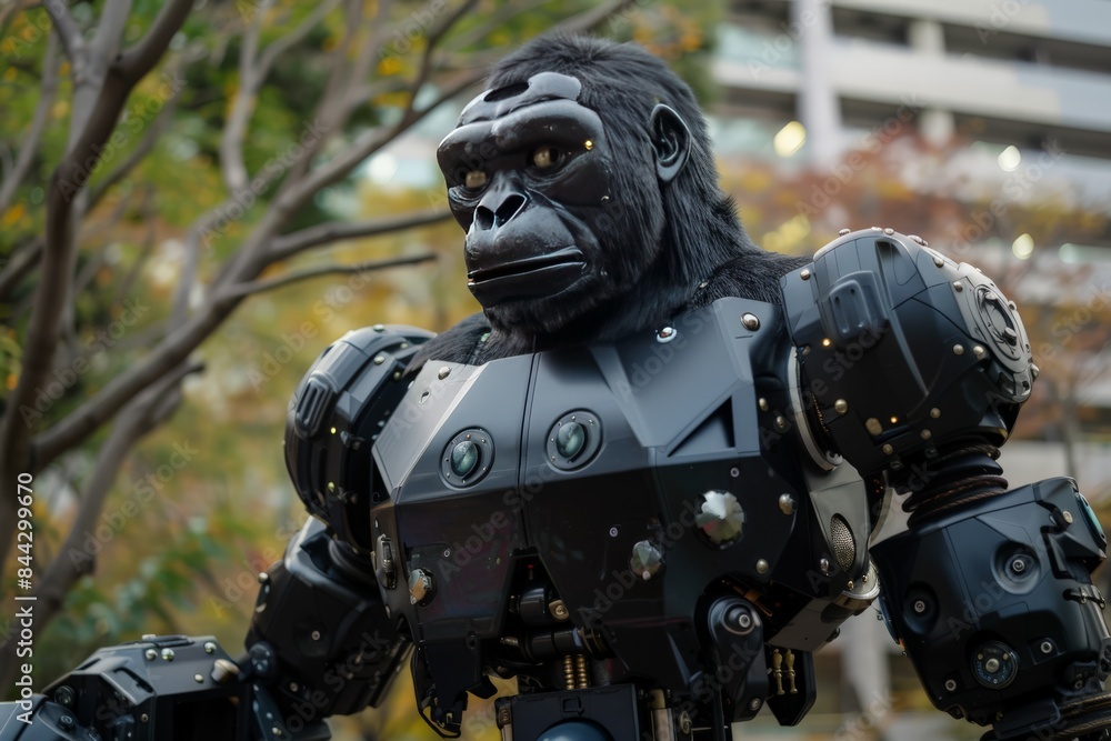 Aufkleber a unique depiction of a gorilla-inspired robot with a blurred face, set in an urban backdrop